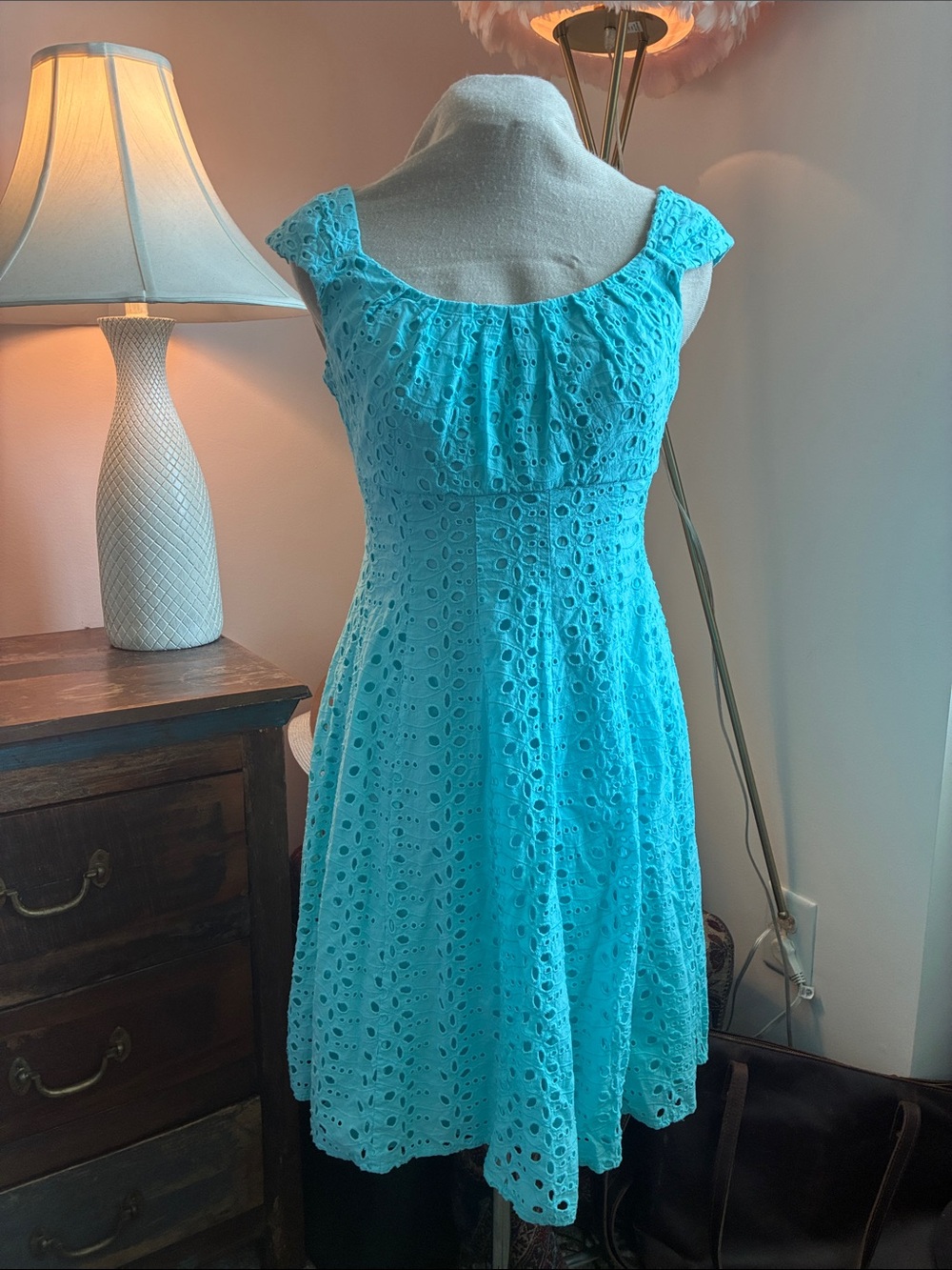 Beautiful Aqua Eyelet Fit & Flare Dress | Feminine Spring & Summer Dress